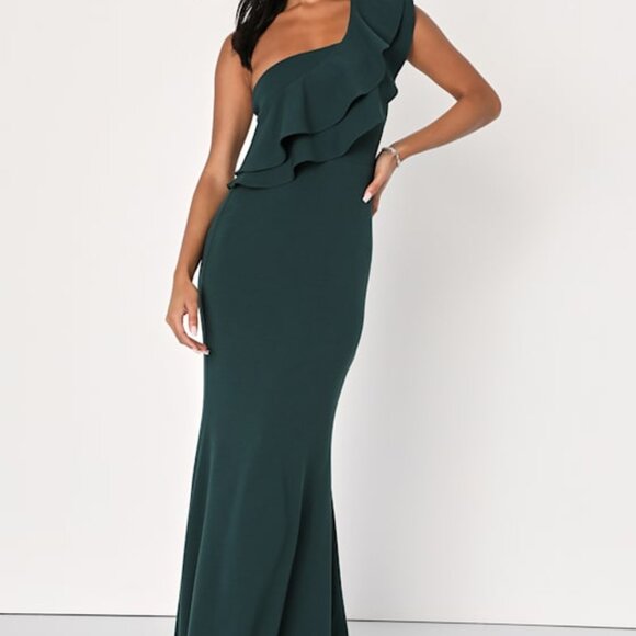 Lulus Grand Beauty Emerald Ruffled One-shoulder Mermaid Maxi Dress Green - Picture 1 of 1